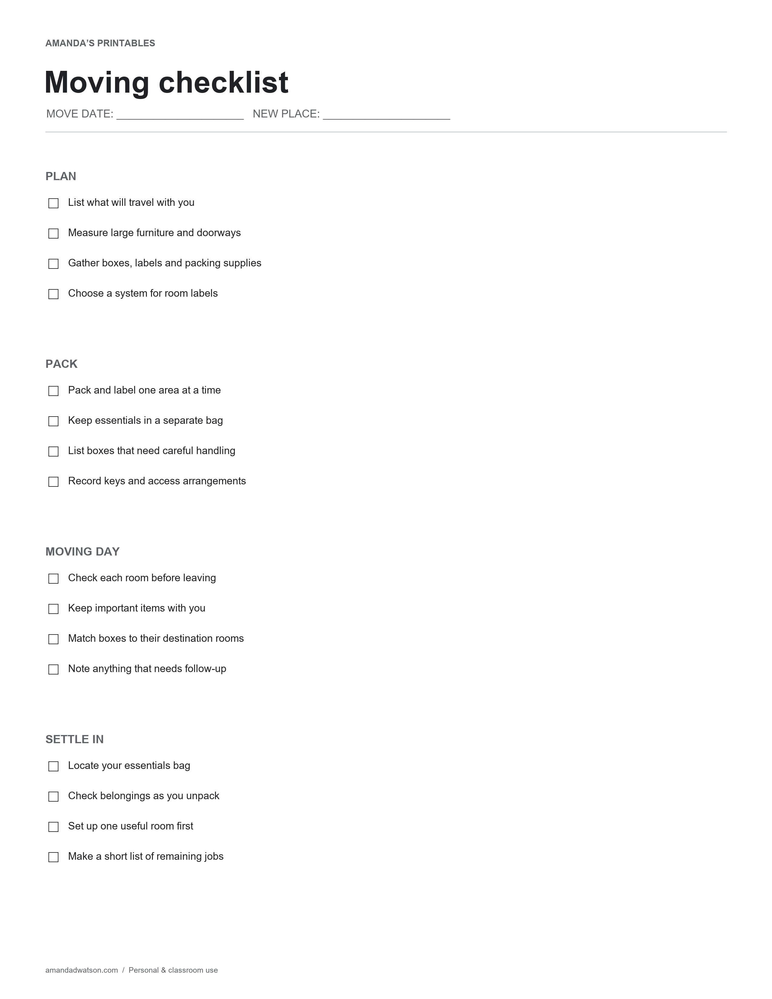 Sixteen-step moving checklist grouped into planning, packing, moving day and settling in