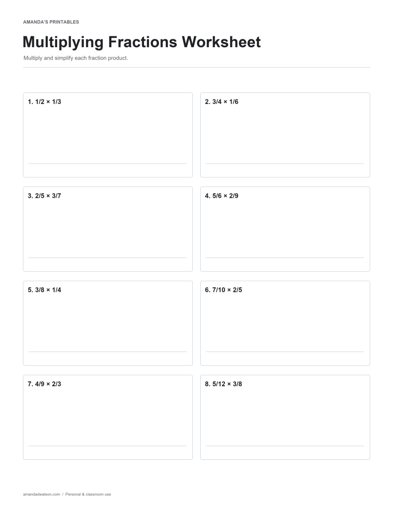 Multiplying Fractions Worksheet practice page with eight numbered questions and working space