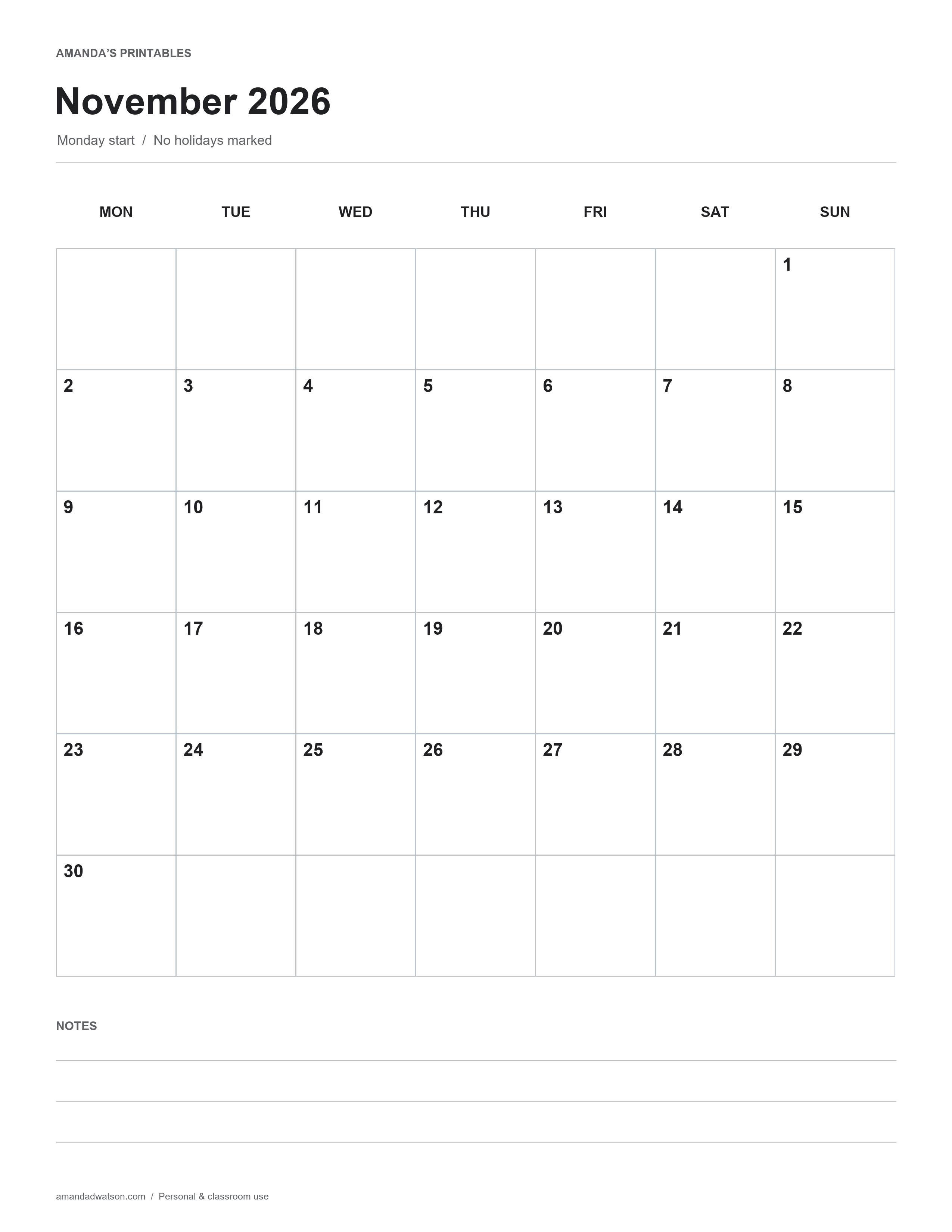 November 2026 calendar with writing boxes and notes, Monday start, with no holidays marked