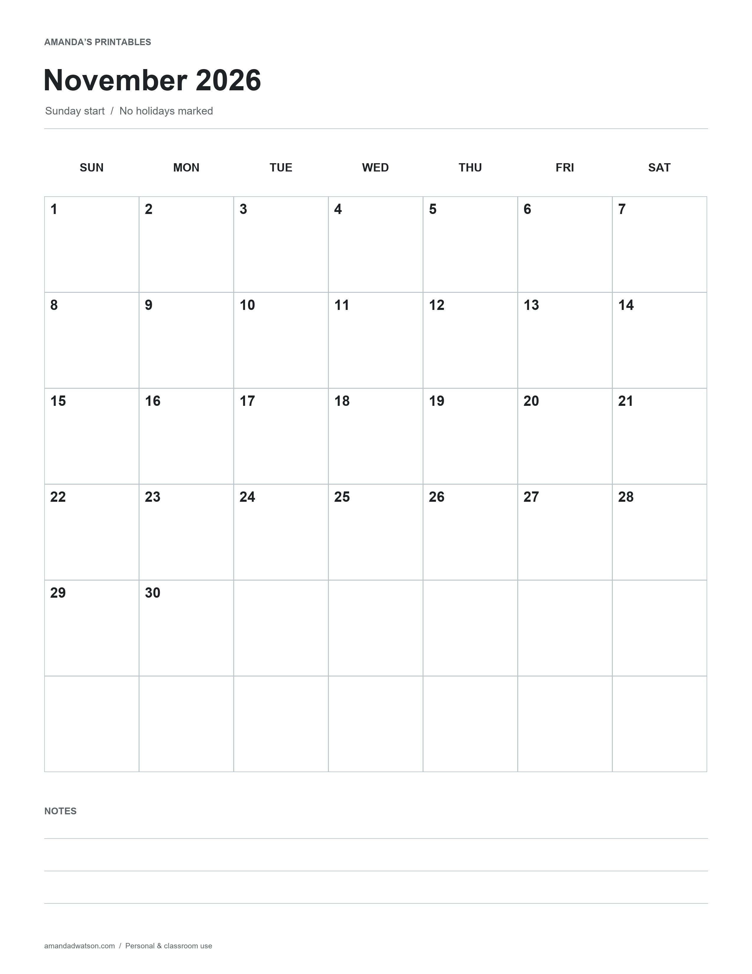 November 2026 calendar with writing boxes and notes, Sunday start, with no holidays marked