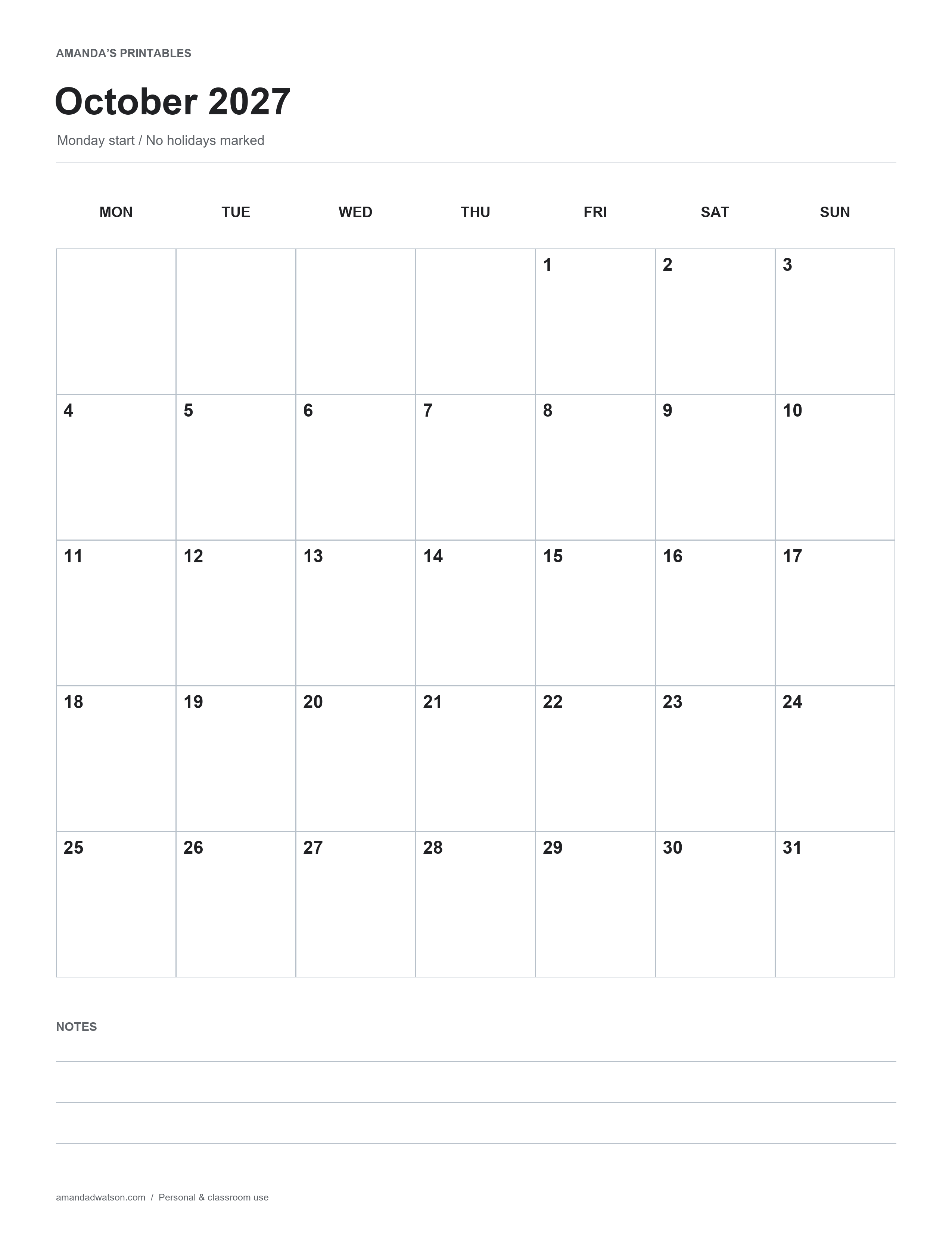 October 2027 monthly calendar with 31 days, Monday-start weeks, writing boxes and notes; no holidays marked