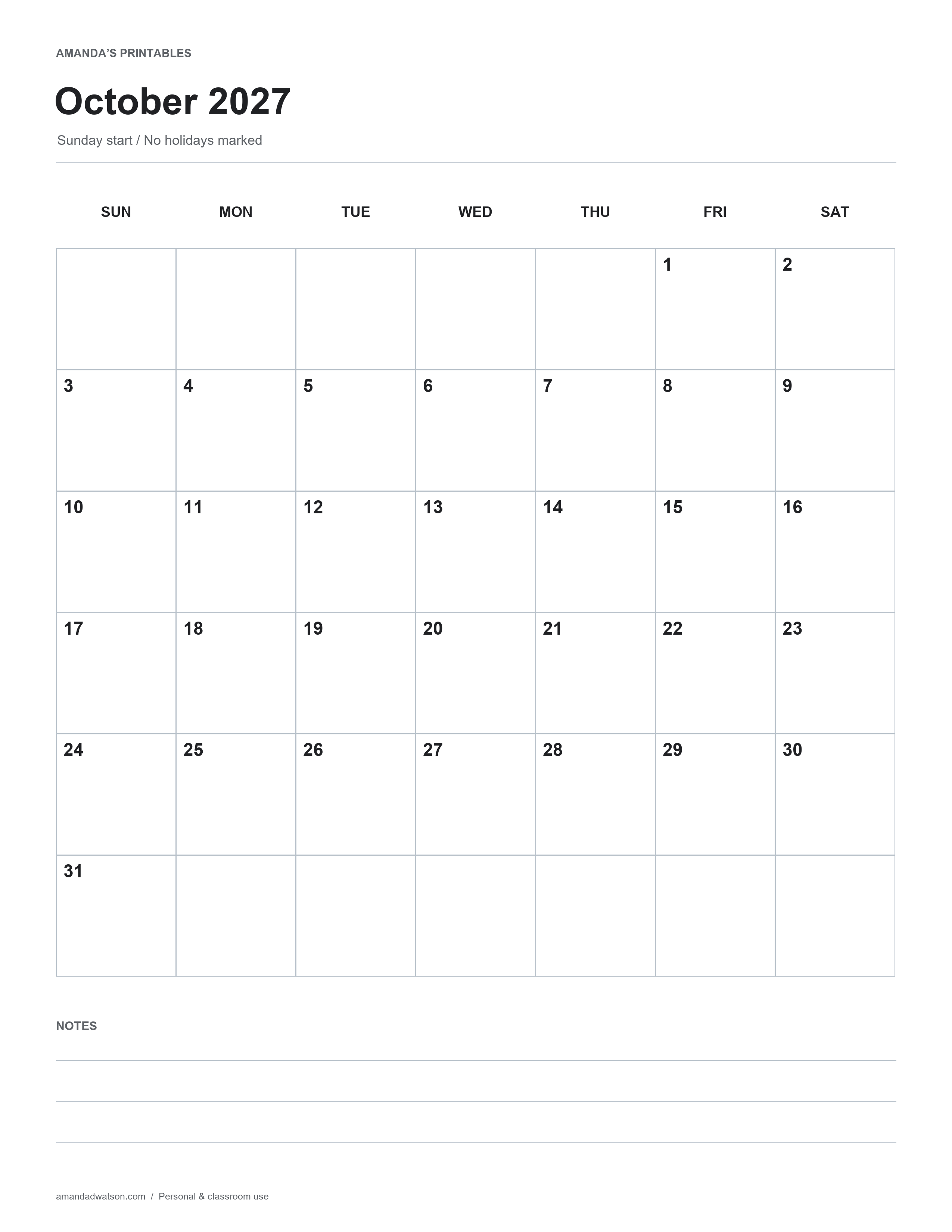 October 2027 monthly calendar with 31 days, Sunday-start weeks, writing boxes and notes; no holidays marked