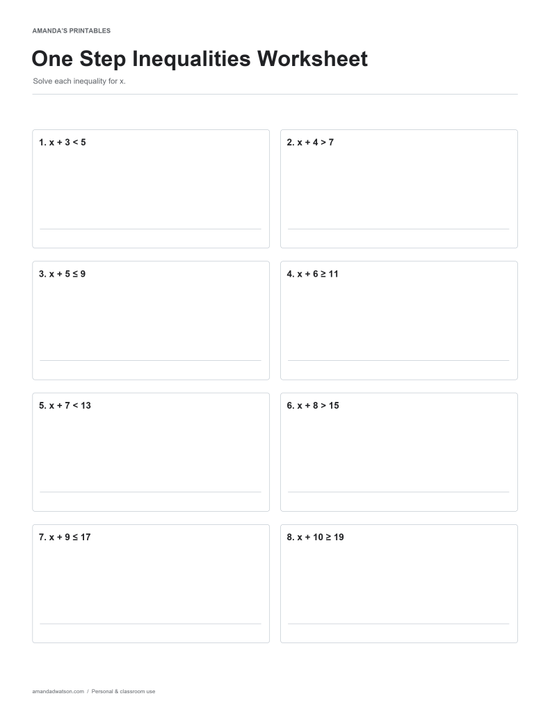 One Step Inequalities Worksheet practice page with eight numbered questions and working space