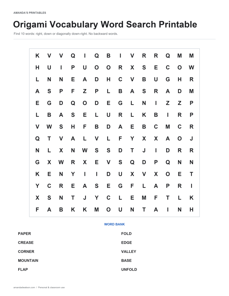 Origami Vocabulary word search puzzle with a 14 by 14 letter grid and ten-word bank
