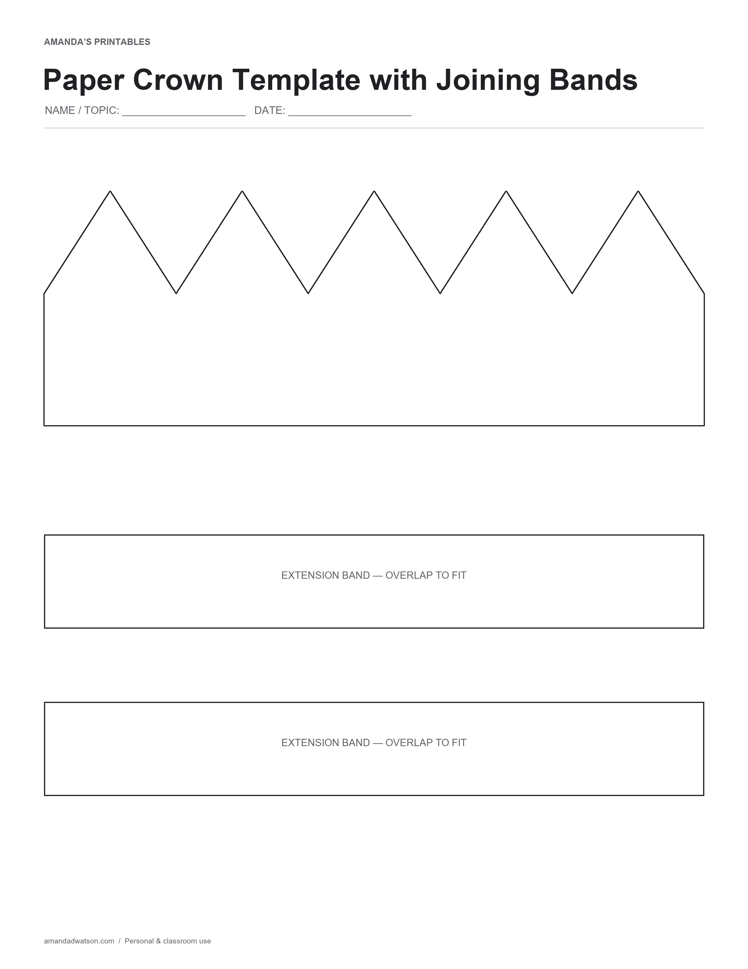 Decorate a five-point paper crown front and two extension bands, then fit and join them for a simple craft.