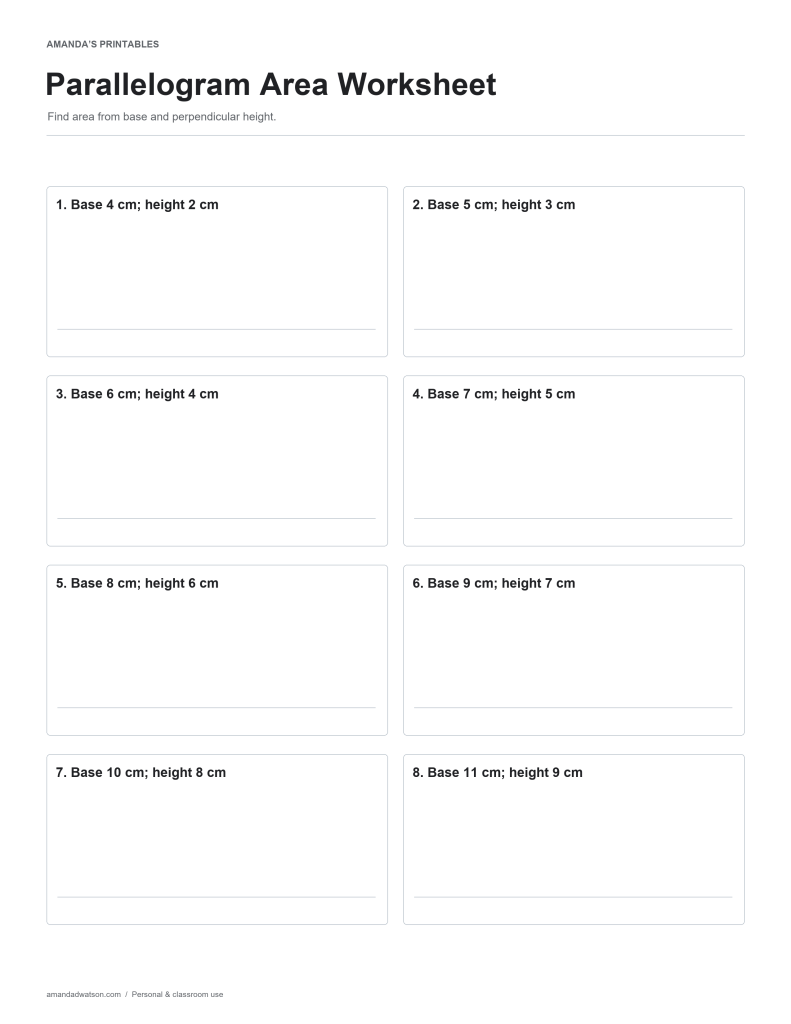 Parallelogram Area Worksheet practice page with eight numbered questions and working space