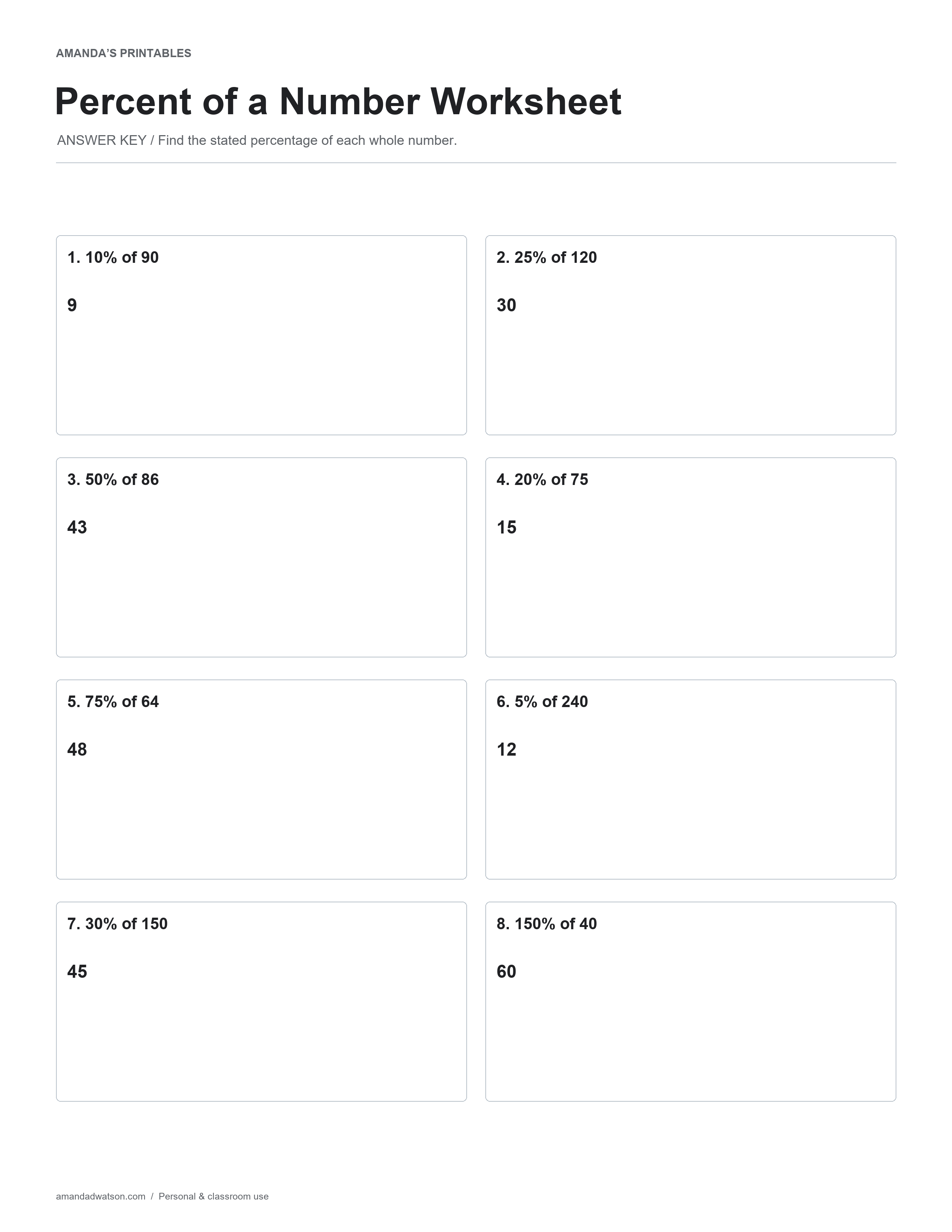 Percent of a Number Worksheet completed answer key with eight numbered exercises