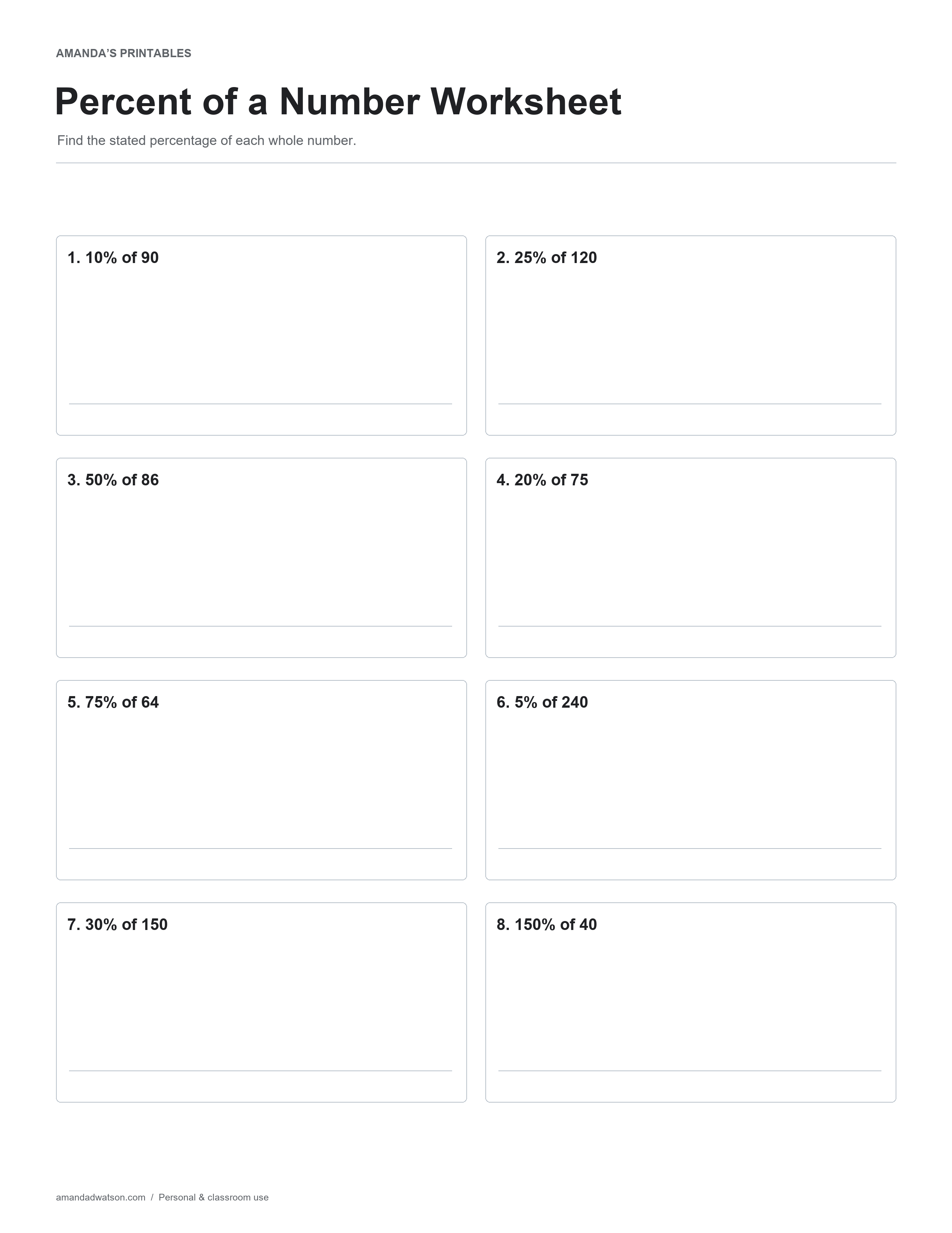 Percent of a Number Worksheet practice page with eight numbered exercises
