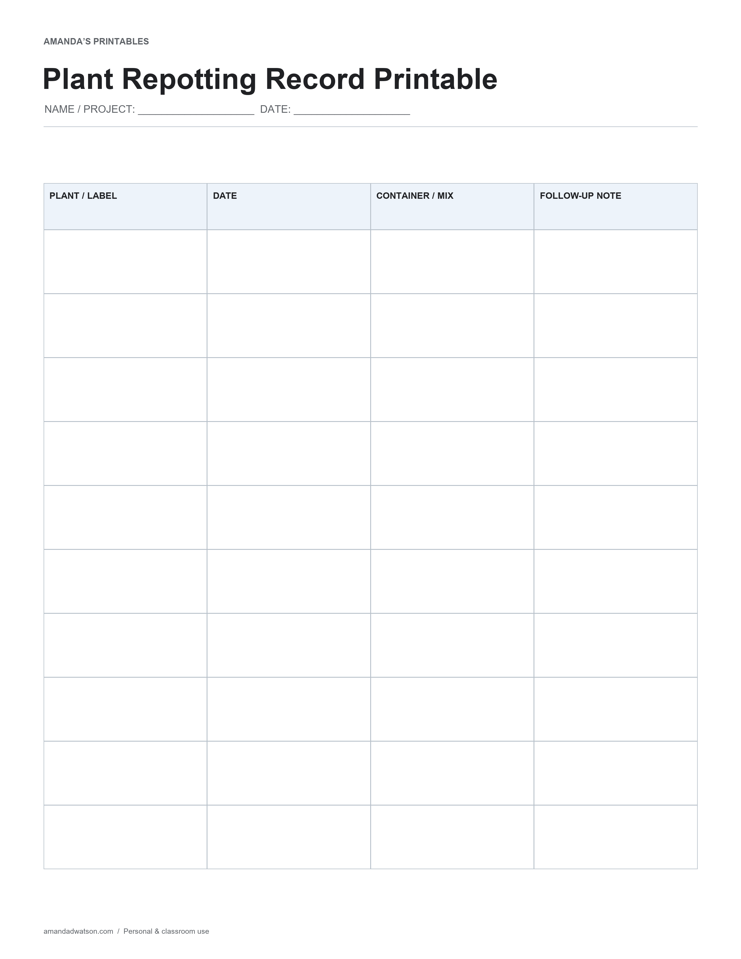 Plant Repotting Record Printable with labeled fields and generous writing space