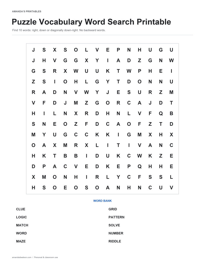 Puzzle Vocabulary word search puzzle with a 14 by 14 letter grid and ten-word bank