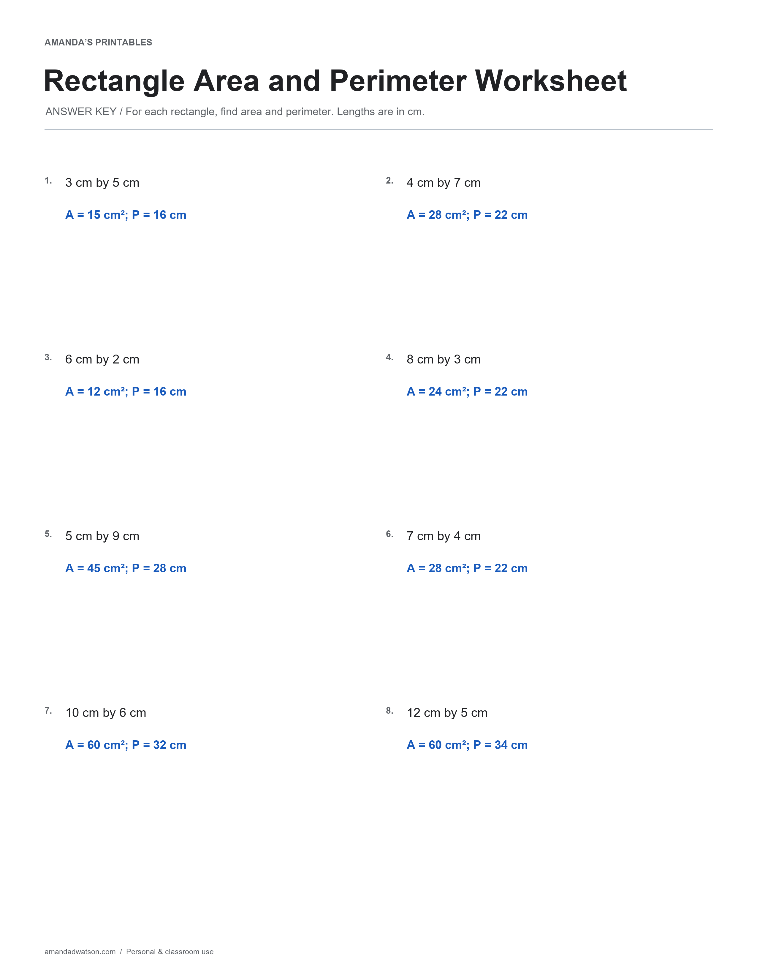 Rectangle Area and Perimeter Worksheet with Answers completed answer page with 8 numbered items