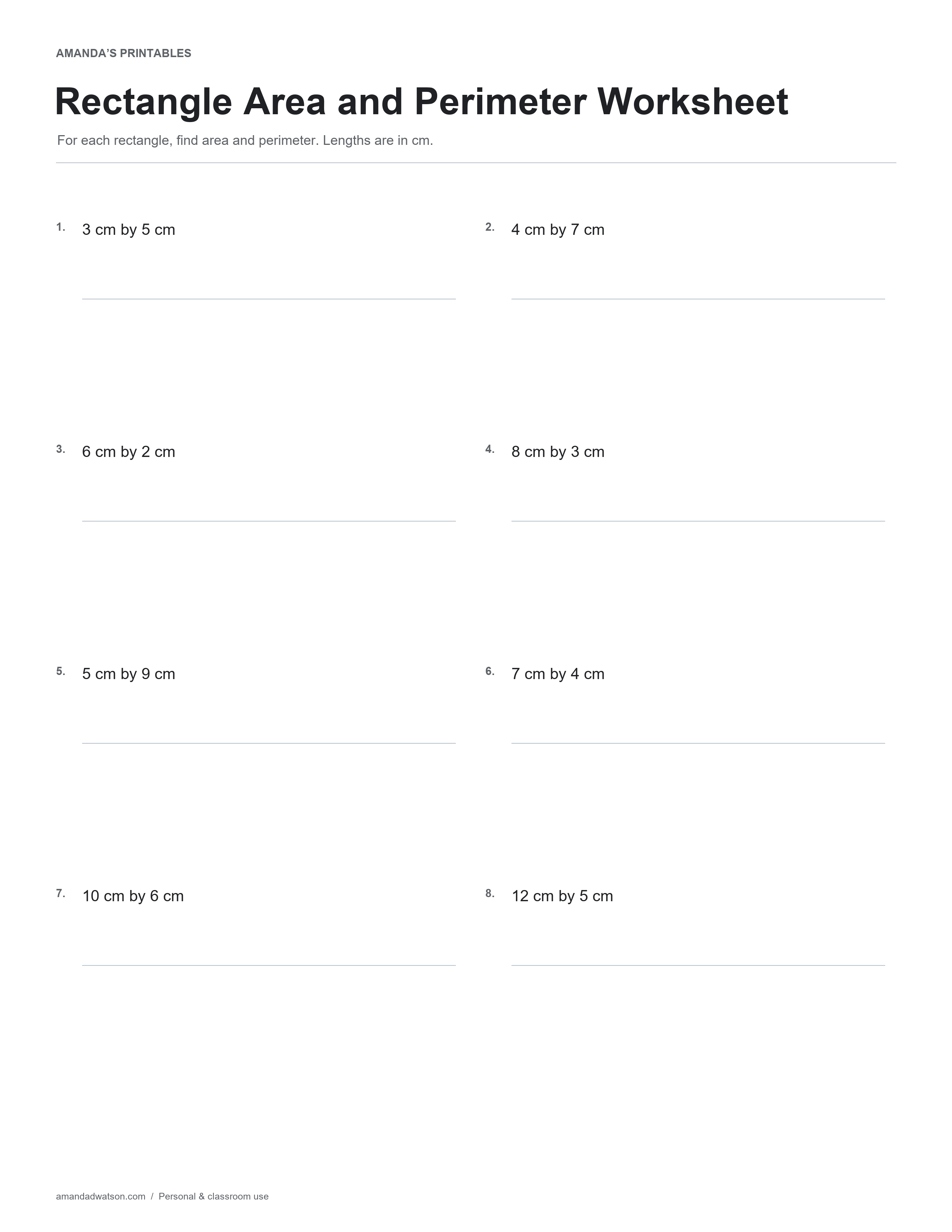 Rectangle Area and Perimeter Worksheet with Answers practice page with 8 numbered items