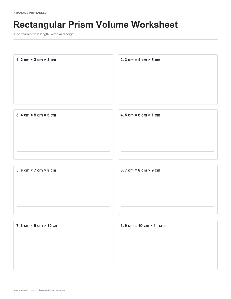 Rectangular Prism Volume Worksheet practice page with eight numbered questions and working space