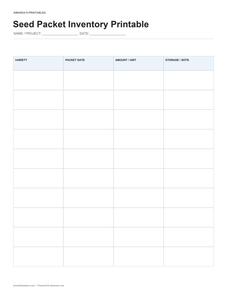 Seed Packet Inventory Printable with labeled fields and generous writing space