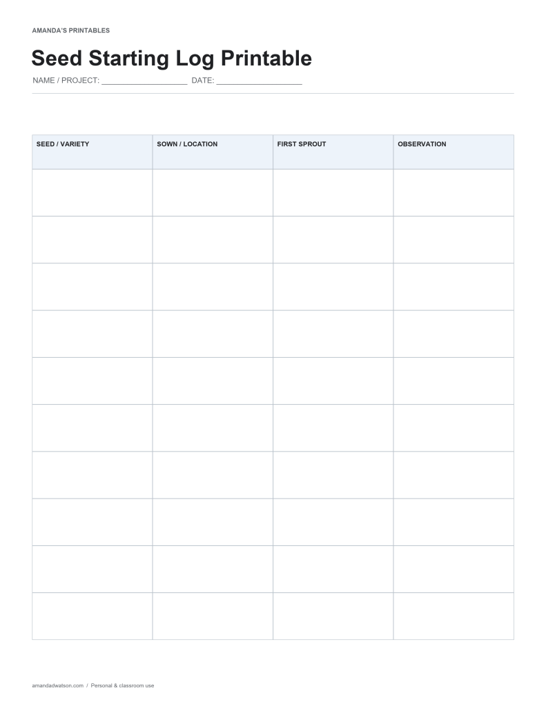 Seed Starting Log Printable with labeled fields and generous writing space