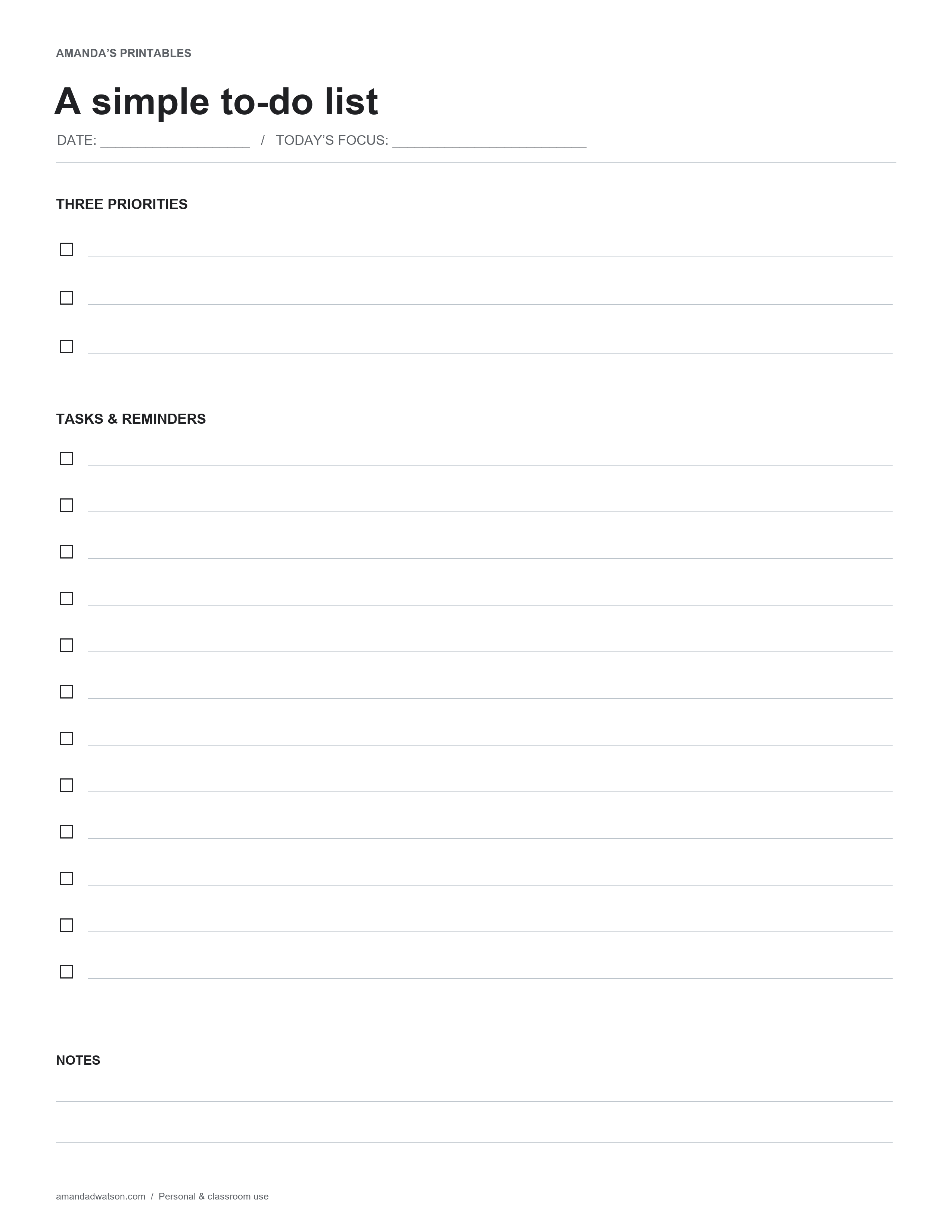 To-do list with a date, daily focus, three priorities, twelve task checkboxes, and a notes area