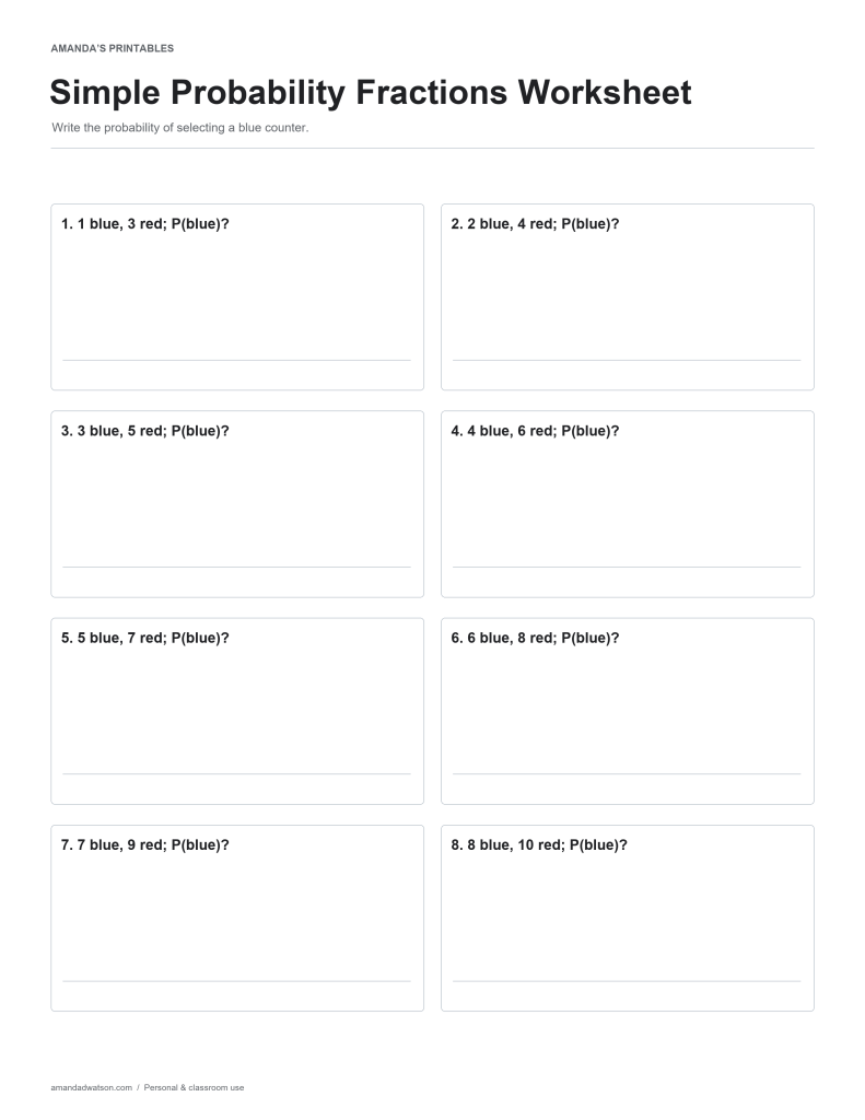 Simple Probability Fractions Worksheet practice page with eight numbered questions and working space