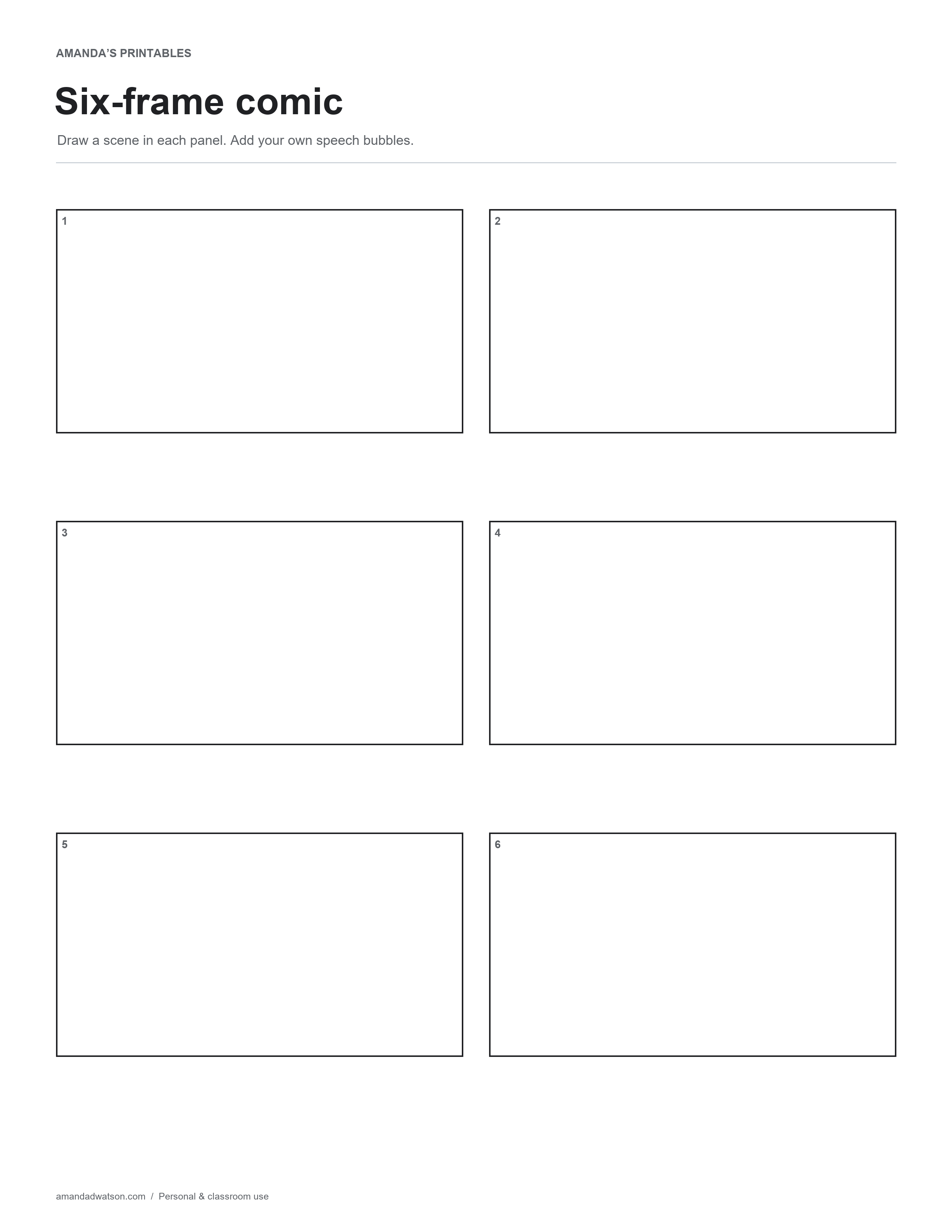 Six-panel comic page with open panels for drawings and speech bubbles