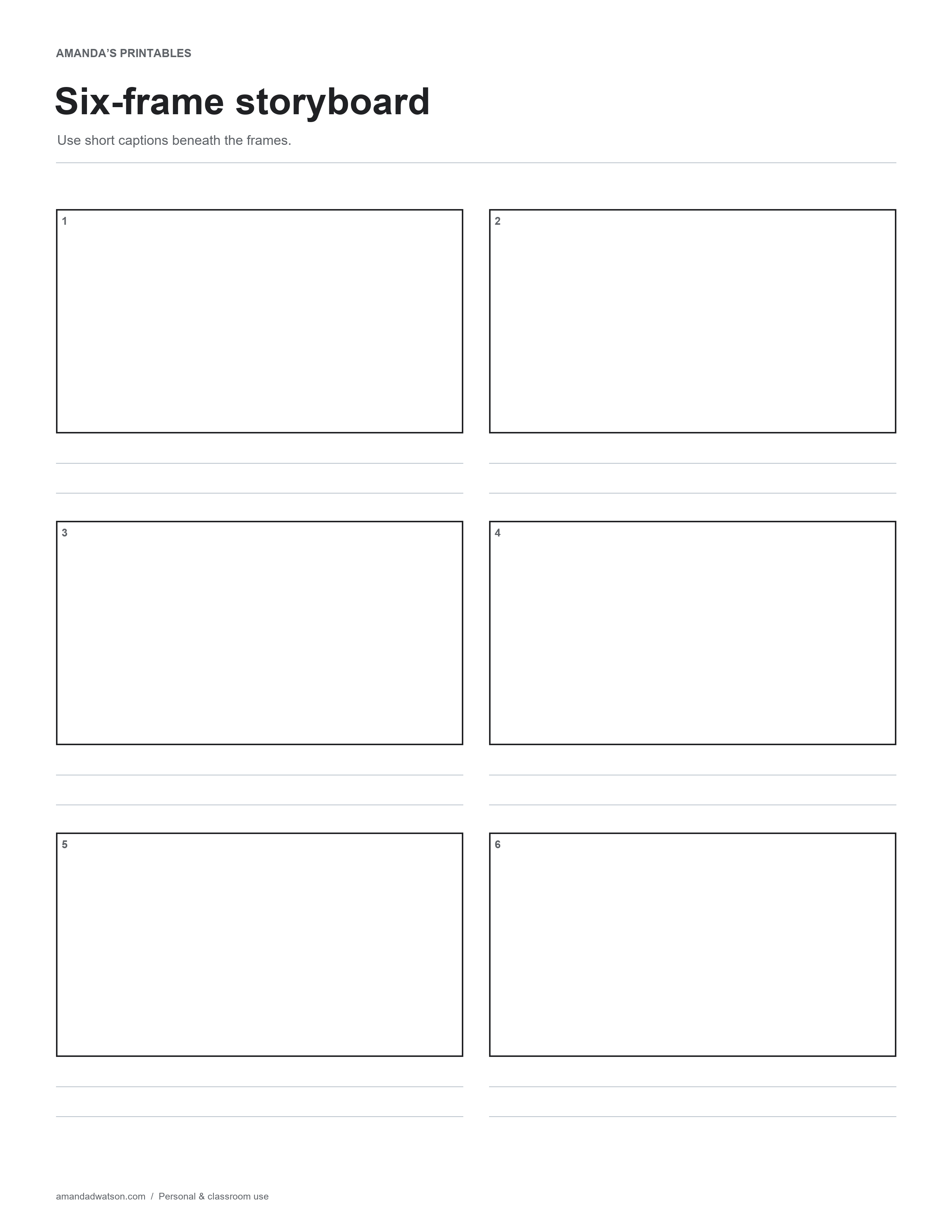 Six-panel storyboard page with two caption lines below each frame