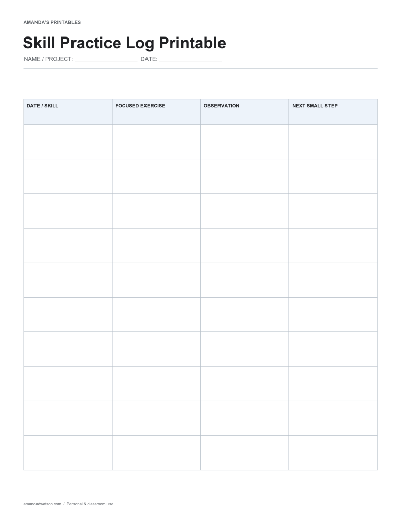 Skill Practice Log Printable with labeled fields and generous writing space