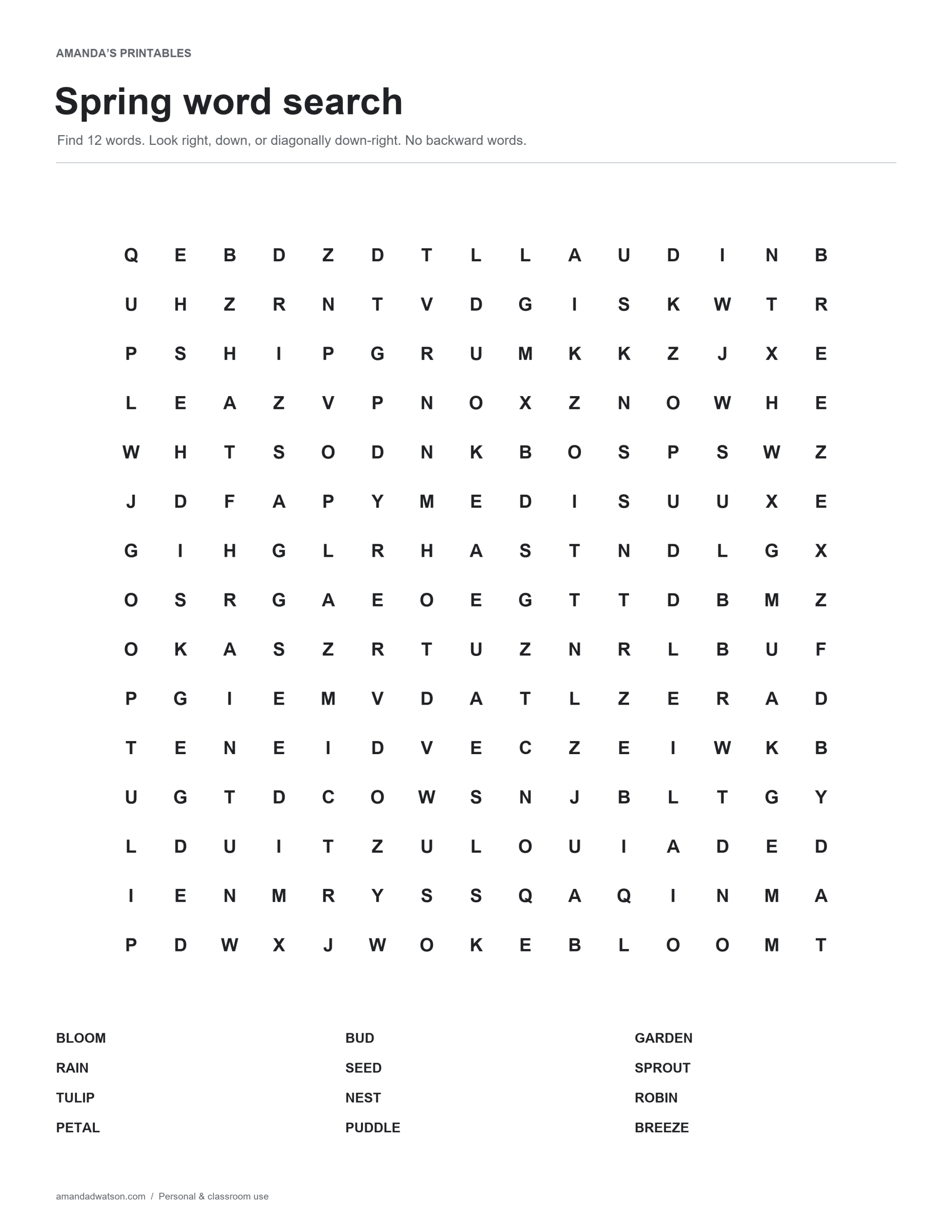 Spring Word Search Printable with Twelve Words