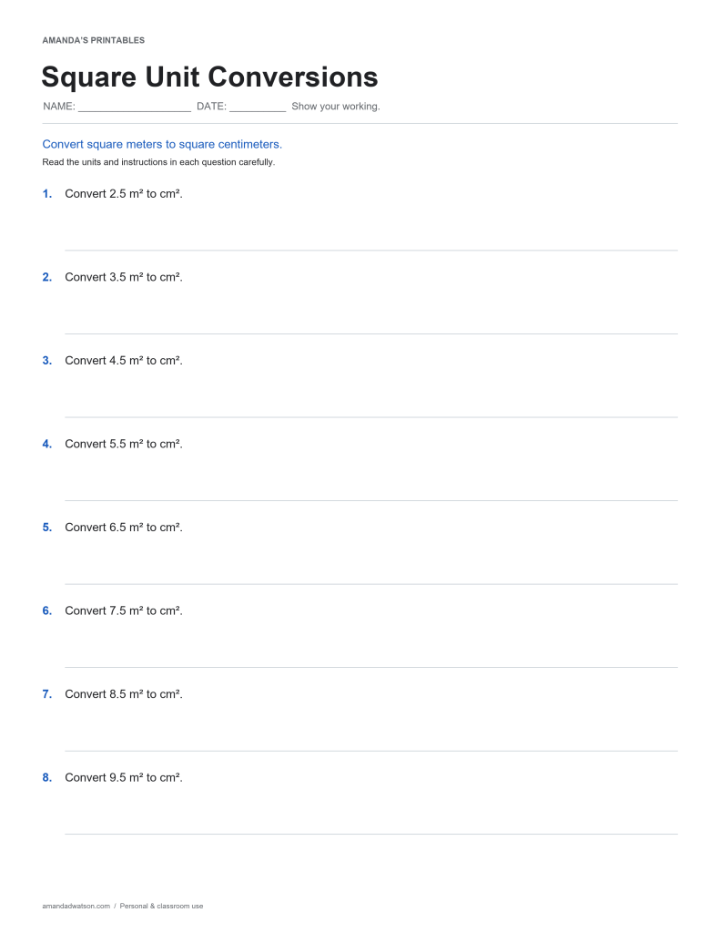 Square Unit Conversions printable with eight practice questions and space to show working