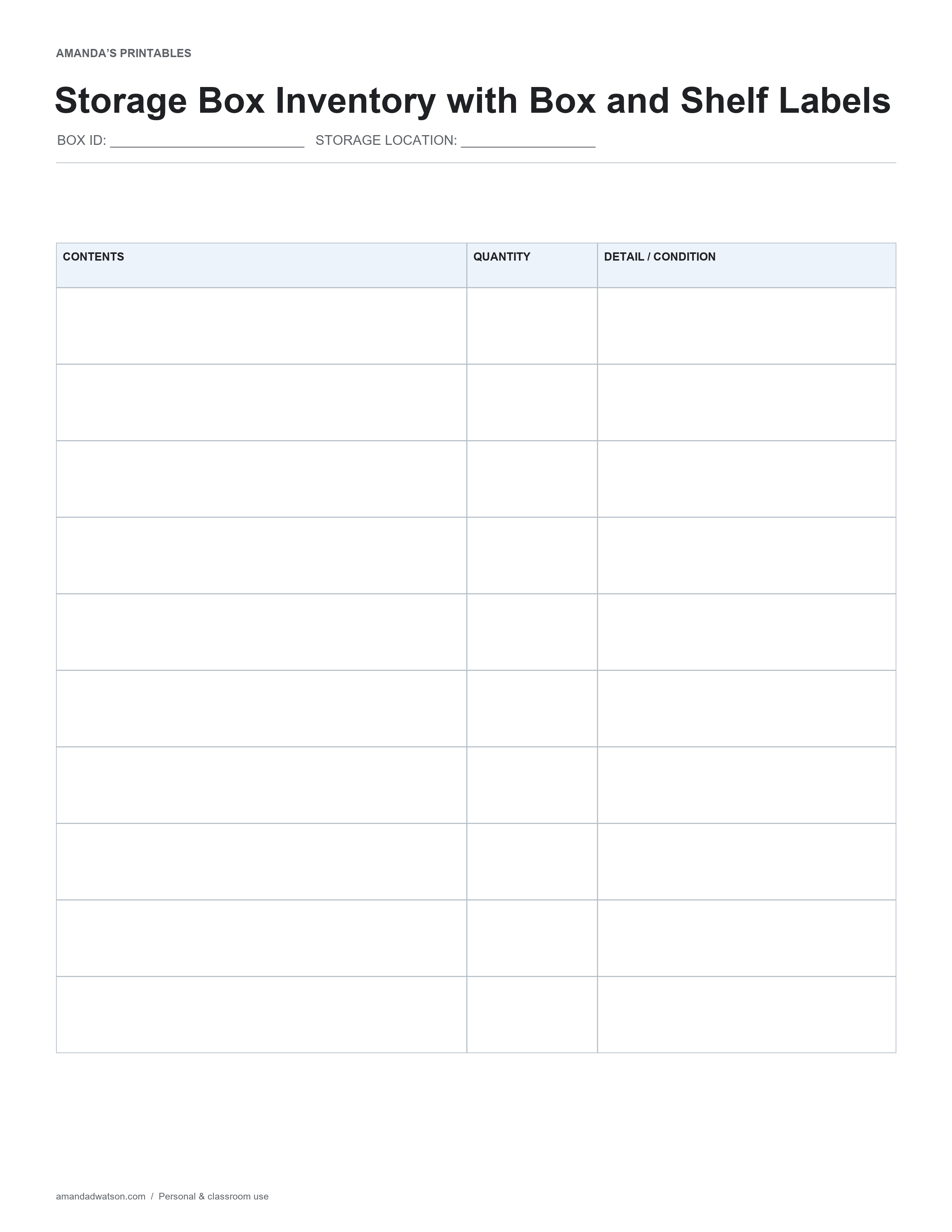 List ten stored items with quantities and notes, then identify the box and its storage location on the same printable sheet.