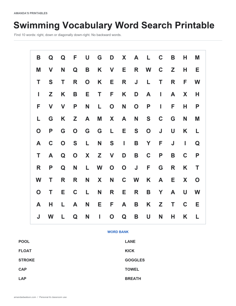 Swimming Vocabulary word search puzzle with a 14 by 14 letter grid and ten-word bank