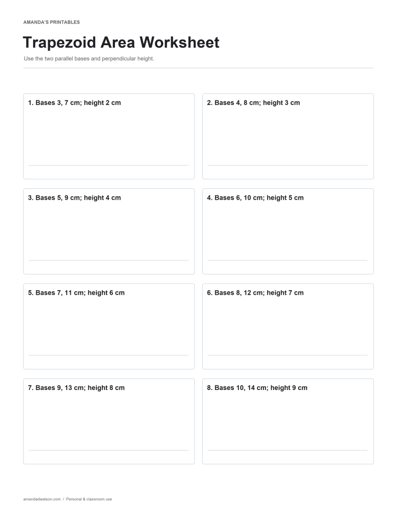 Trapezoid Area Worksheet practice page with eight numbered questions and working space