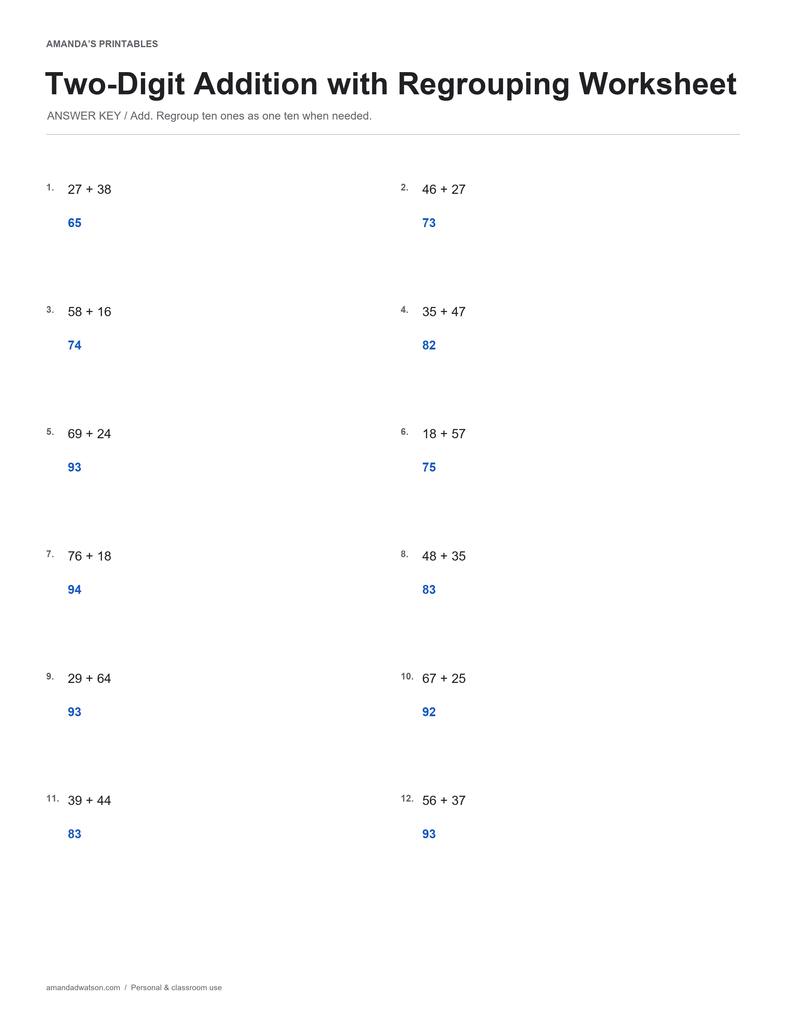 Two-Digit Addition with Regrouping Worksheet completed answer page with 12 numbered items