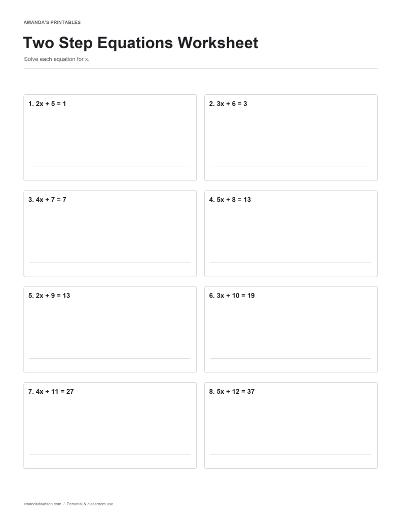 Two Step Equations Worksheet practice page with eight numbered questions and working space