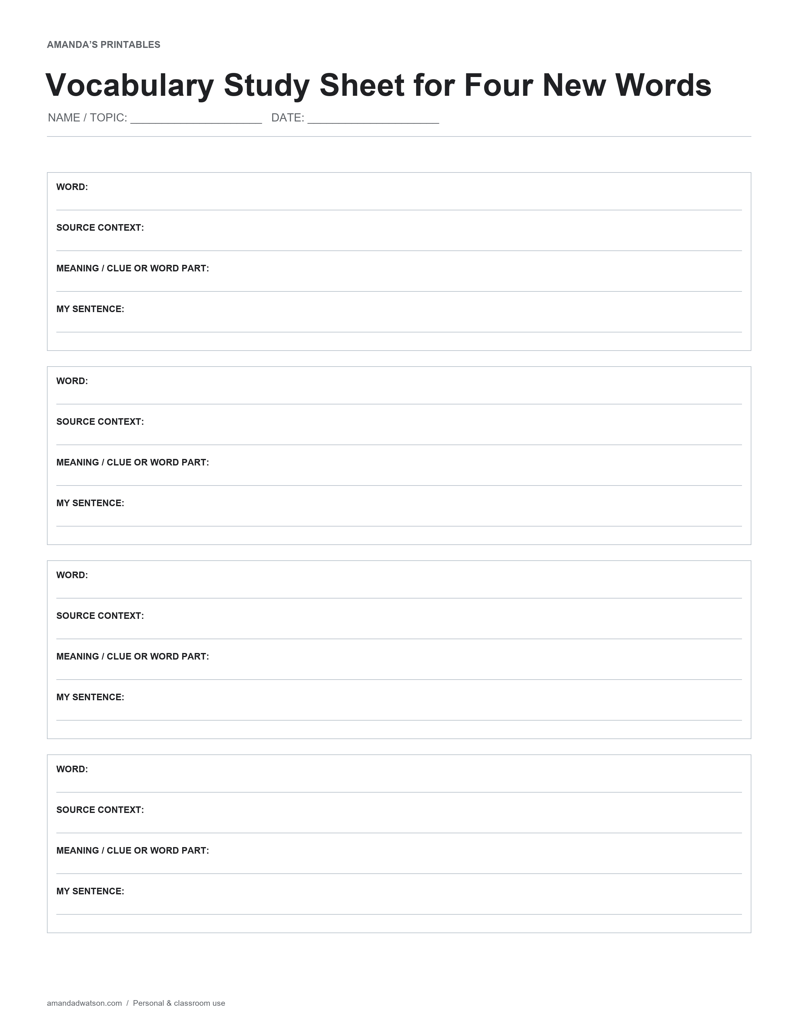 Study four words through context, meaning, word parts or clues and an original sentence.