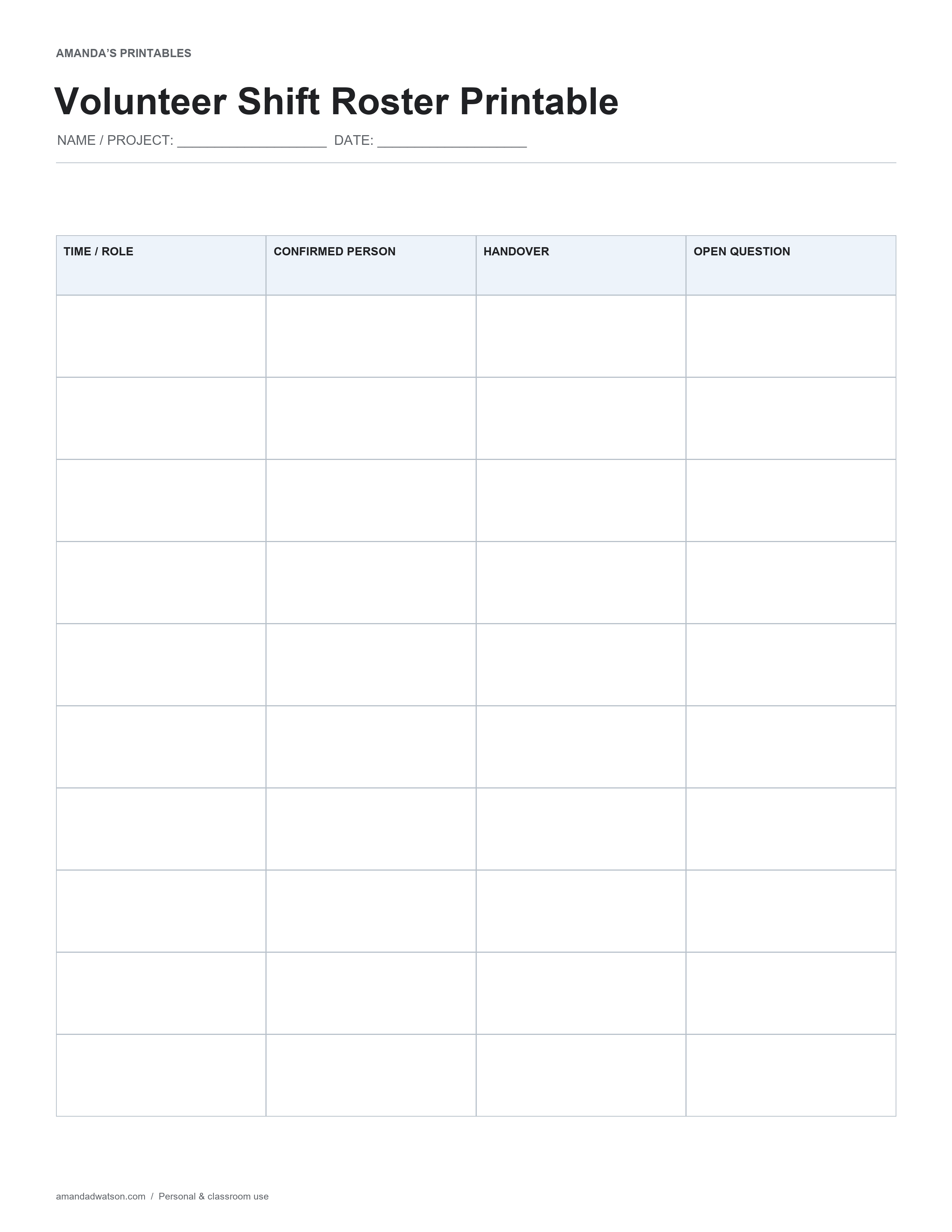 Volunteer Shift Roster Printable with labeled fields and generous writing space