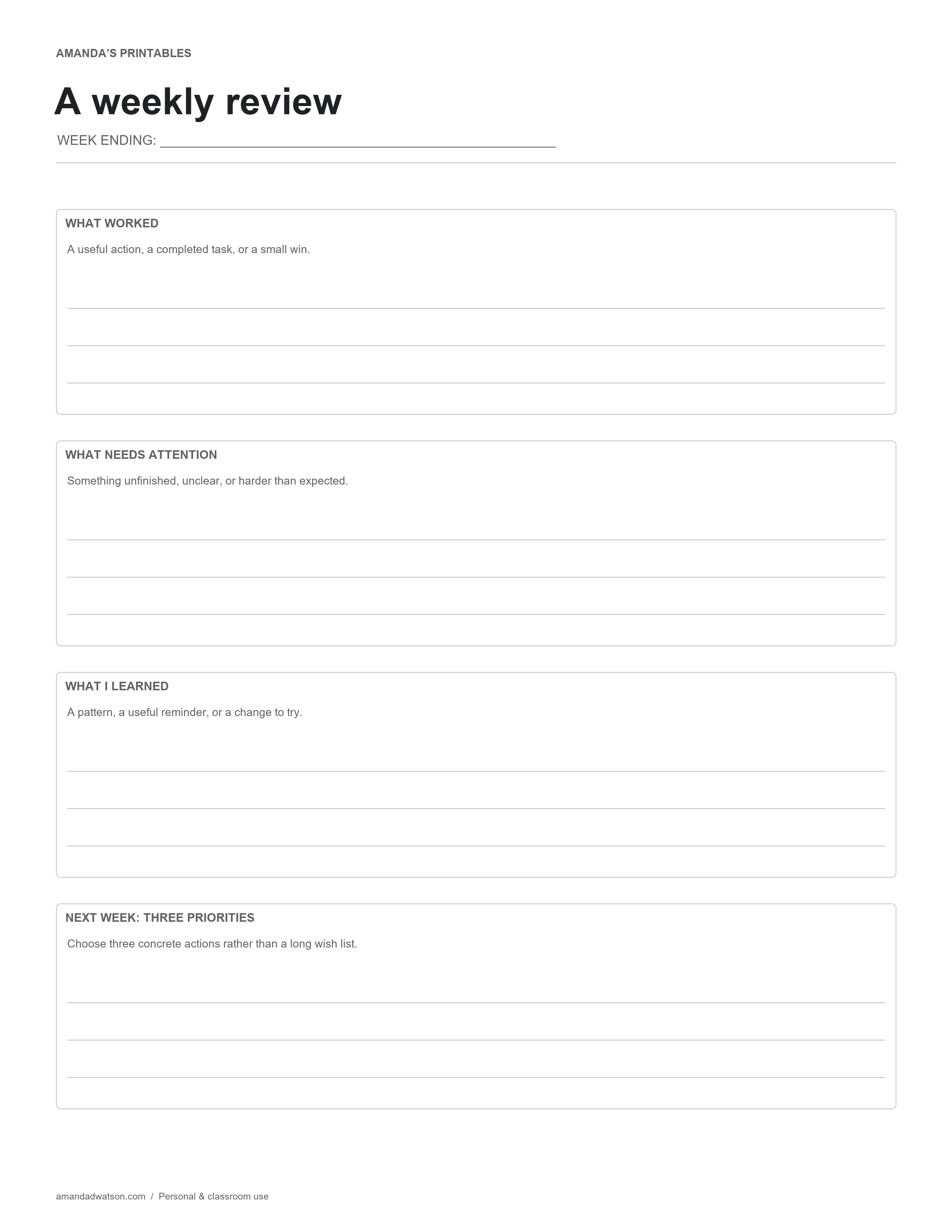 Undated weekly review with four reflection areas and space for three next-week priorities