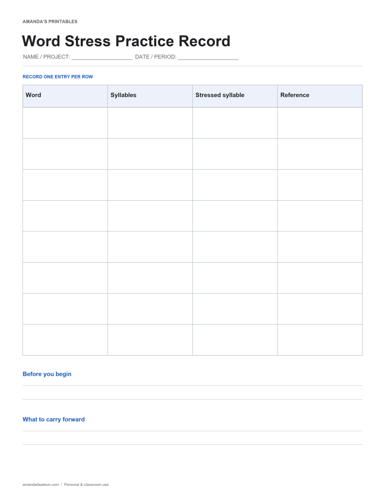 Word Stress Practice Record with eight entry rows, columns for Word, Syllables, Stressed syllable, Reference, and two reflection prompts