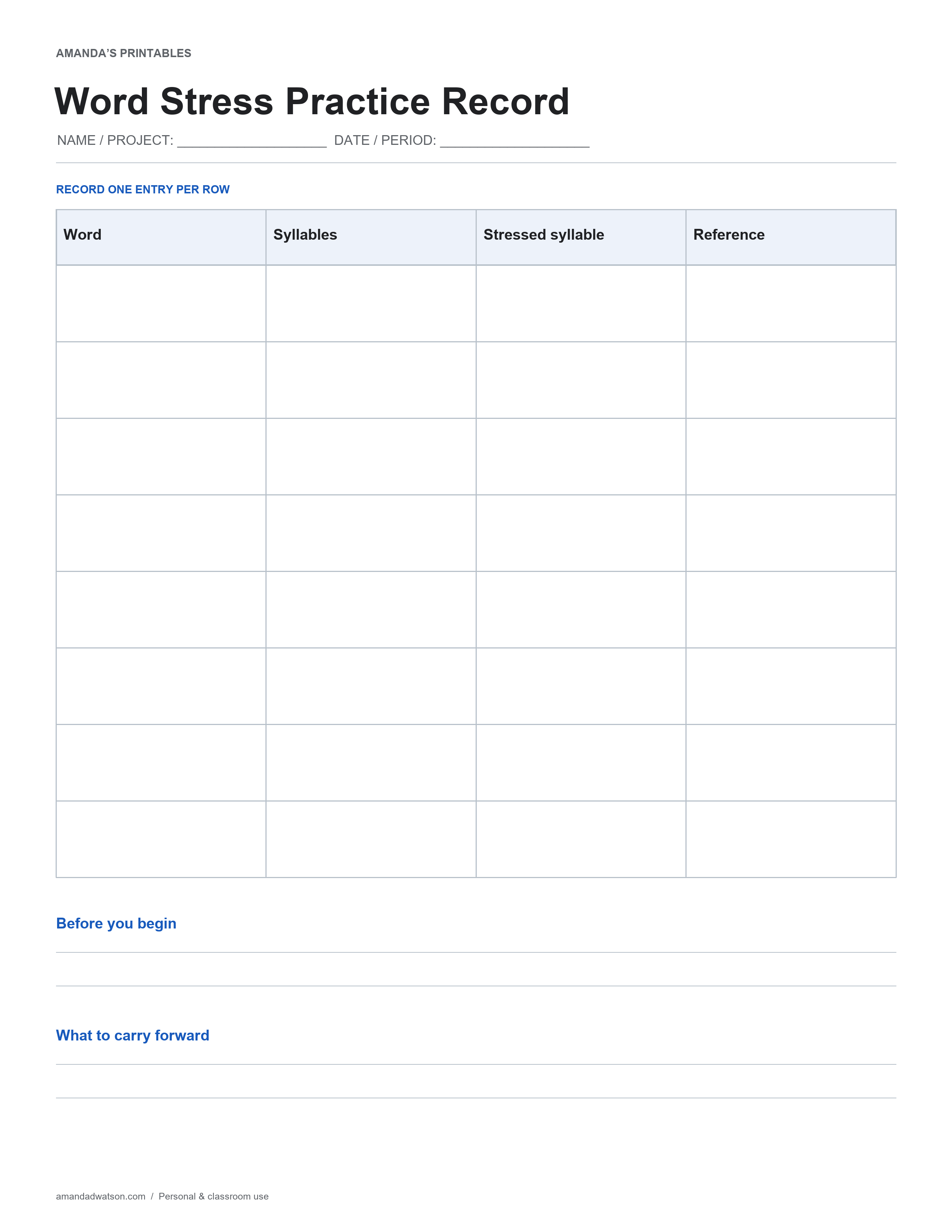 Word Stress Practice Record with eight entry rows, columns for Word, Syllables, Stressed syllable, Reference, and two reflection prompts