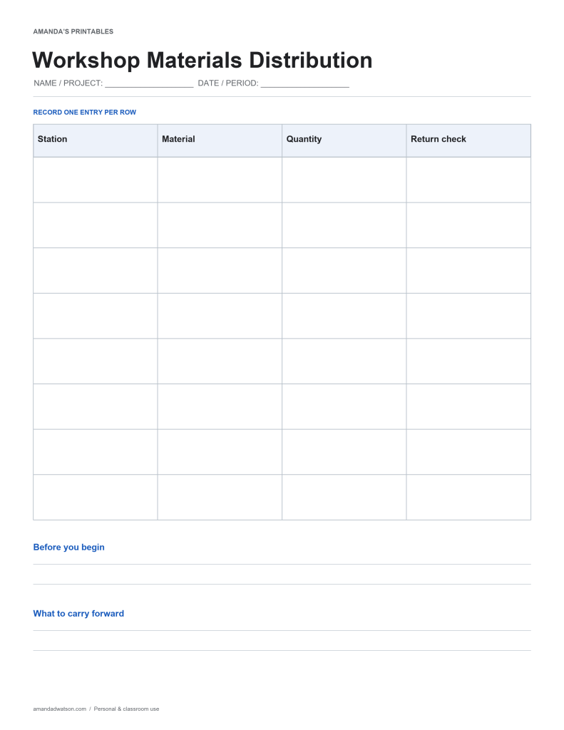 Workshop Materials Distribution with eight entry rows, columns for Station, Material, Quantity, Return check, and two reflection prompts